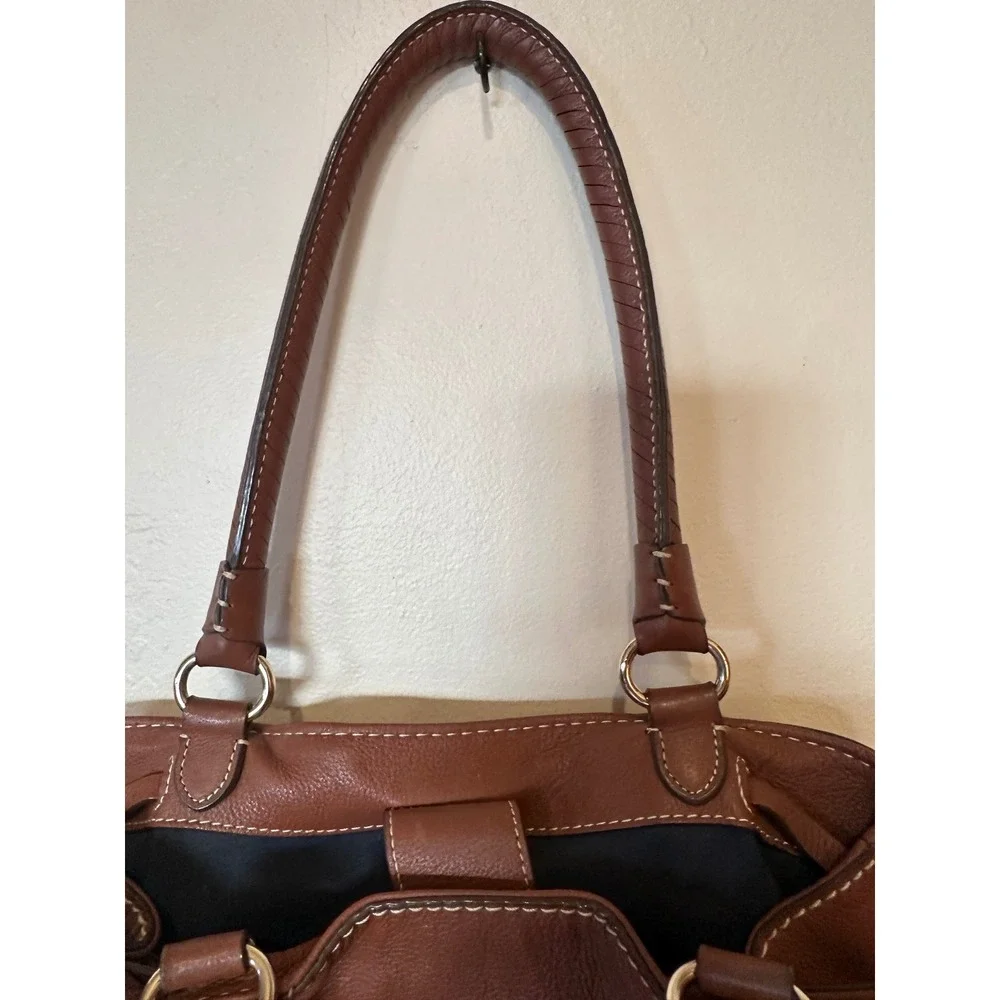 Cole Haan Brown Pebbled Leather Tote Shoulder Bag Tassel Drawstring Whipstitch